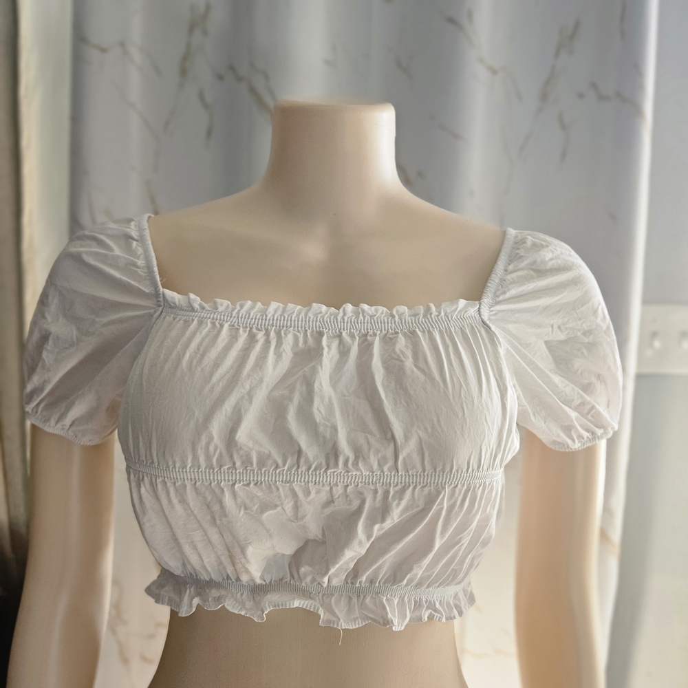 Zara White Square-Neck Puff Sleeve Crop Top